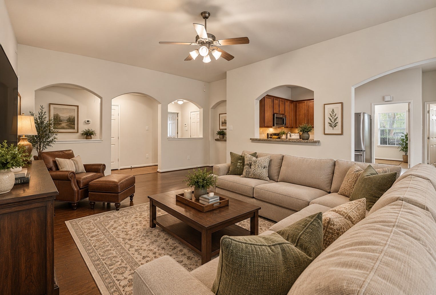 318 Lake Line Drive, Alvin, TX 77511 From this angle, the family room highlights the home's easy flow, with arched openings and a granite-topped pass-through providing an open connection to the kitchen, breakfast area and surrounding living spaces (virtually staged).