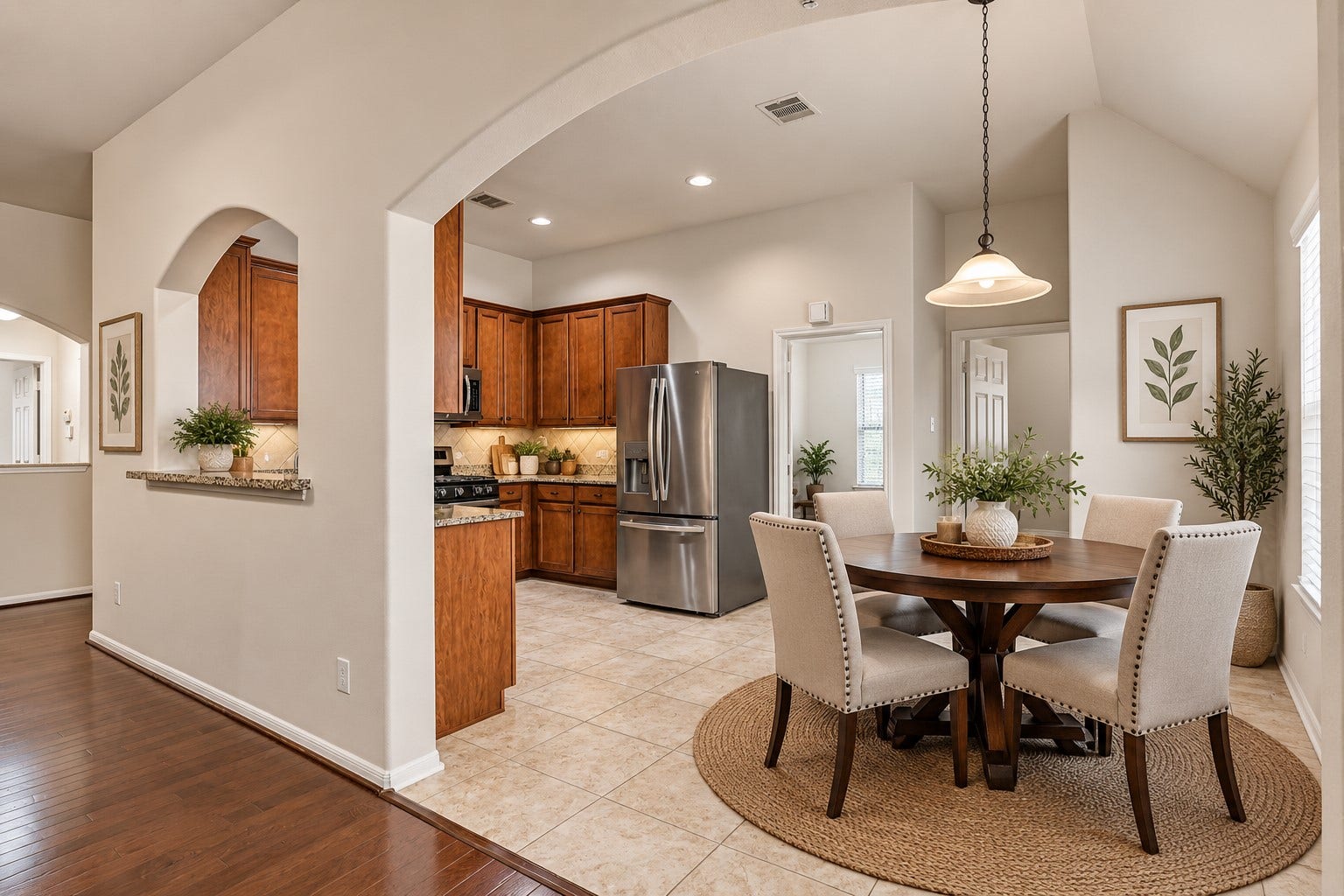 318 Lake Line Drive, Alvin, TX 77511 An oversized arched opening introduces the bright breakfast area, conveniently positioned alongside the kitchen and family room with easy-care tile flooring, pendant lighting and plenty of space for a casual dining table. (virtually staged)