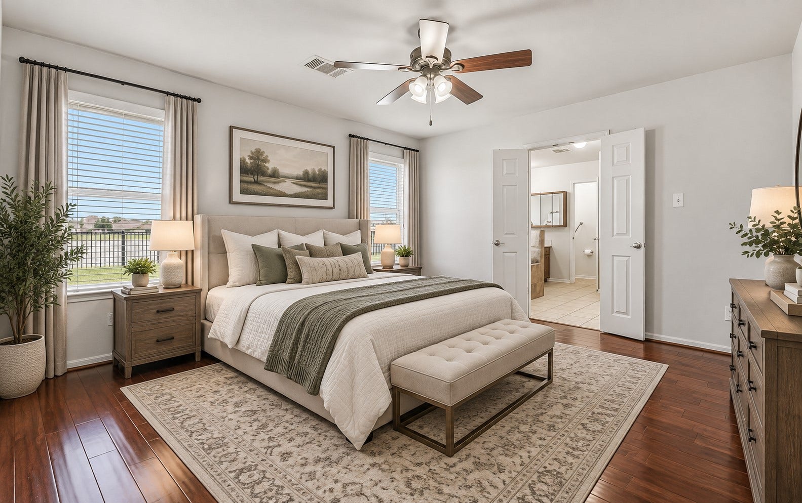 318 Lake Line Drive, Alvin, TX 77511 The secluded primary suite offers a peaceful retreat with rich wood flooring, fresh neutral paint, ceiling fan & two large windows framing views of the backyard and pond, while double doors lead directly into the spacious en-suite bath. (virtually staged)