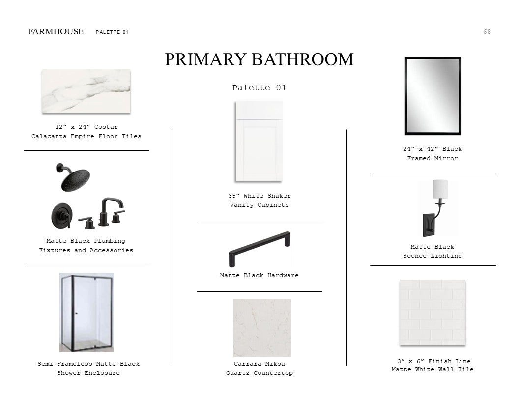 671 Daniel Lake Lane, Dayton, TX 77535 Farmhouse Look Palette 1: Primary Bathroom Selection Sheet (*Artist rendering used for illustration purposes only.)