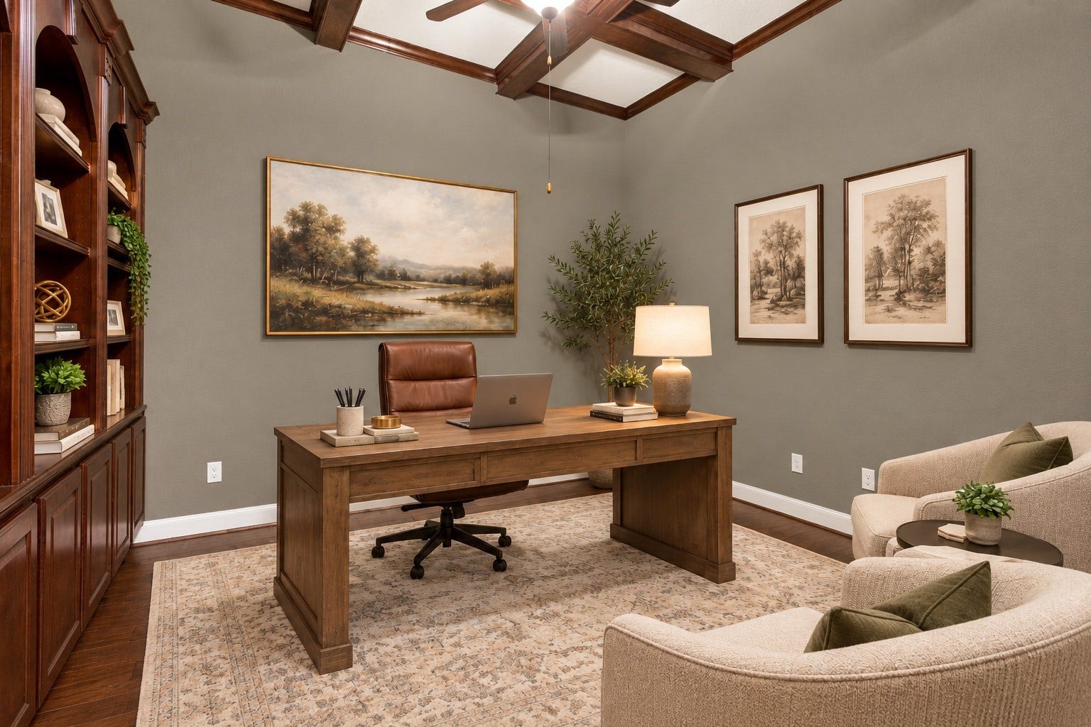 19215 Shady Blossom Drive, Cypress, TX 77433 Dedicated home office featuring wood flooring, built-in shelving, and a beautiful ceiling, offering an ideal space to work or study. (Virtually Staged)
