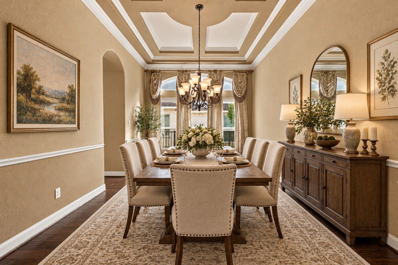 19215 Shady Blossom Drive, Cypress, TX 77433 Elegant formal dining room featuring wood flooring, a beautiful tray ceiling, chandelier, and large windows, perfect for hosting gatherings. (Virtually Staged)