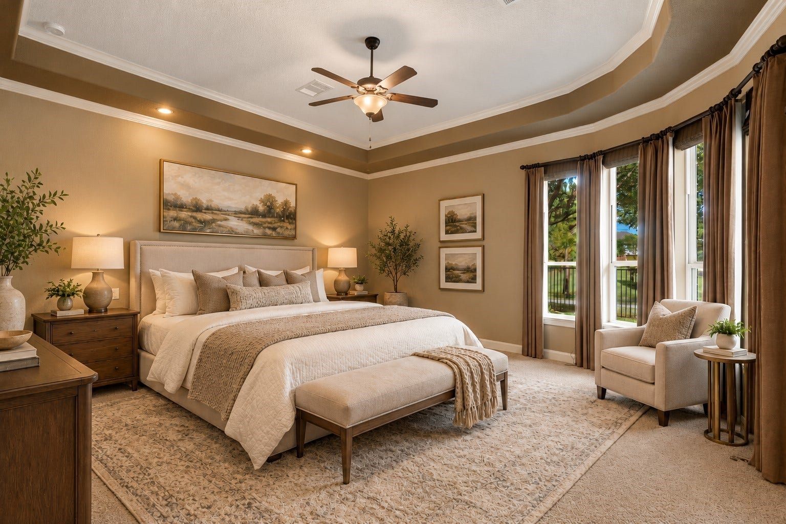 19215 Shady Blossom Drive, Cypress, TX 77433 Massive primary suite featuring plush carpeting, a beautiful tray ceiling, ceiling fan, and large windows overlooking the backyard. (Virtually Staged)