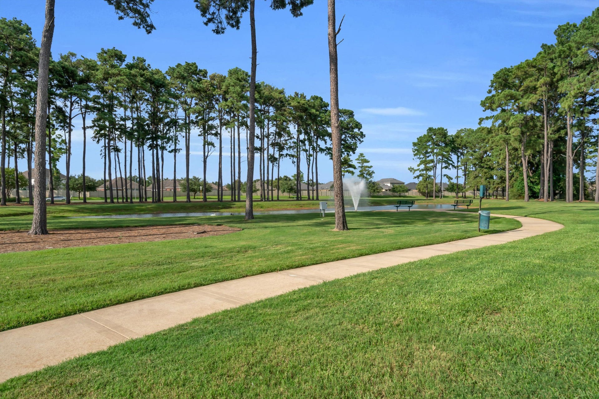 Scenic walking trail winds through tall pines beside a peaceful water feature and fountain.