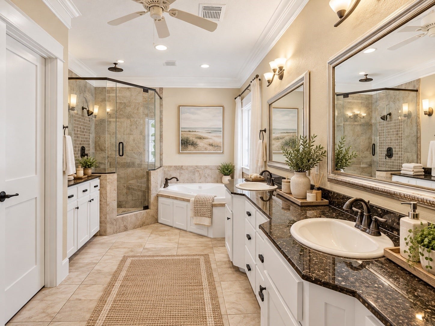 837 E 27th Street, Houston, TX 77009 Experience luxury in this elegantly designed bathroom, virtually staged with AI, featuring a spacious layout, exquisite countertops, jetted bathtub, and a stunning glass-enclosed shower.