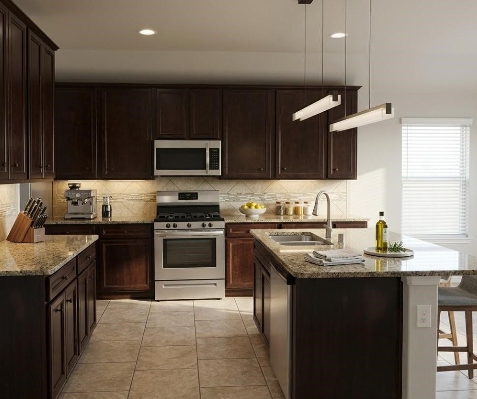 Virtually staged kitchen showcasing potential layout and design possibilities.