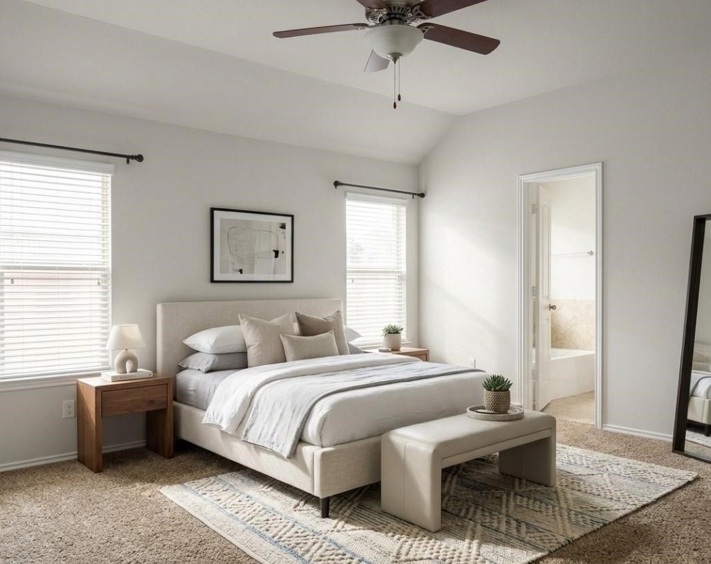 Discover the elegance of this virtually staged primary bedroom, featuring abundant natural light and modern decor.