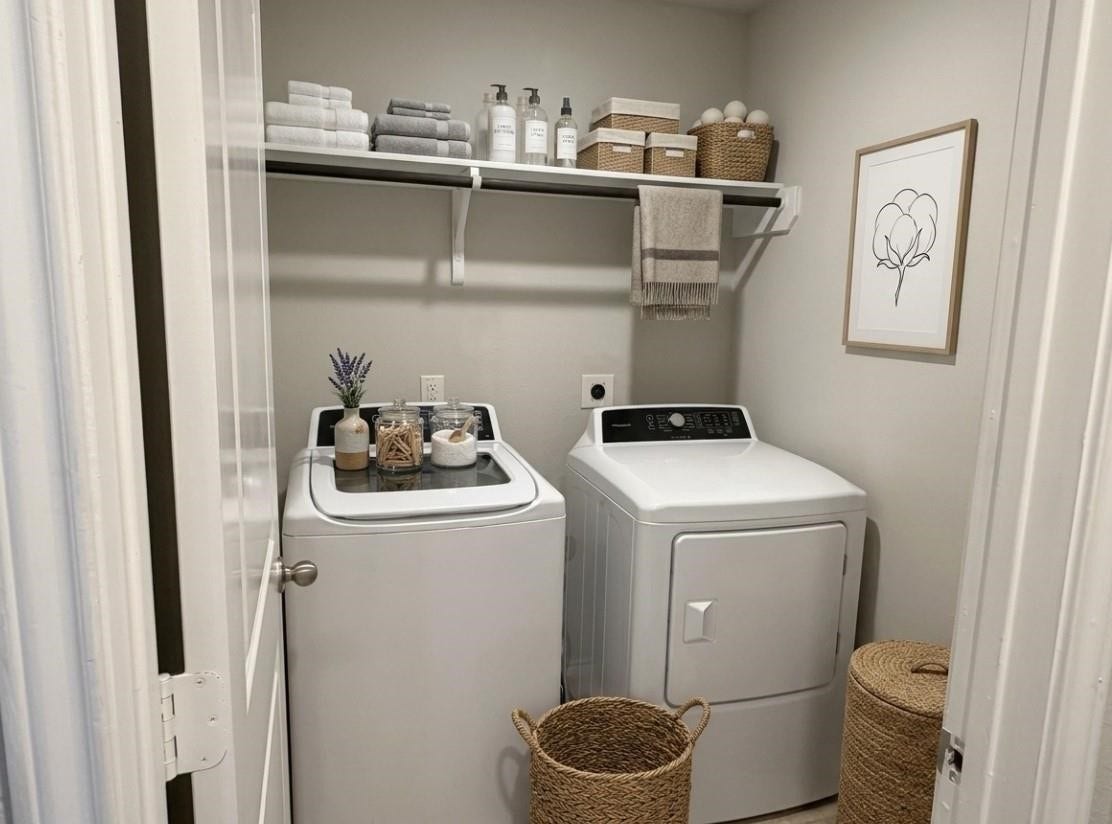 This inviting laundry room is thoughtfully staged to inspire functionality and style.