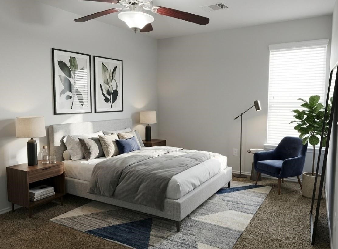 Experience a beautifully staged bedroom, showcasing modern design and inviting comfort.
