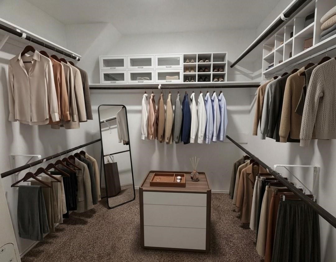 Spacious walk-in closet, expertly staged to inspire your dream space.