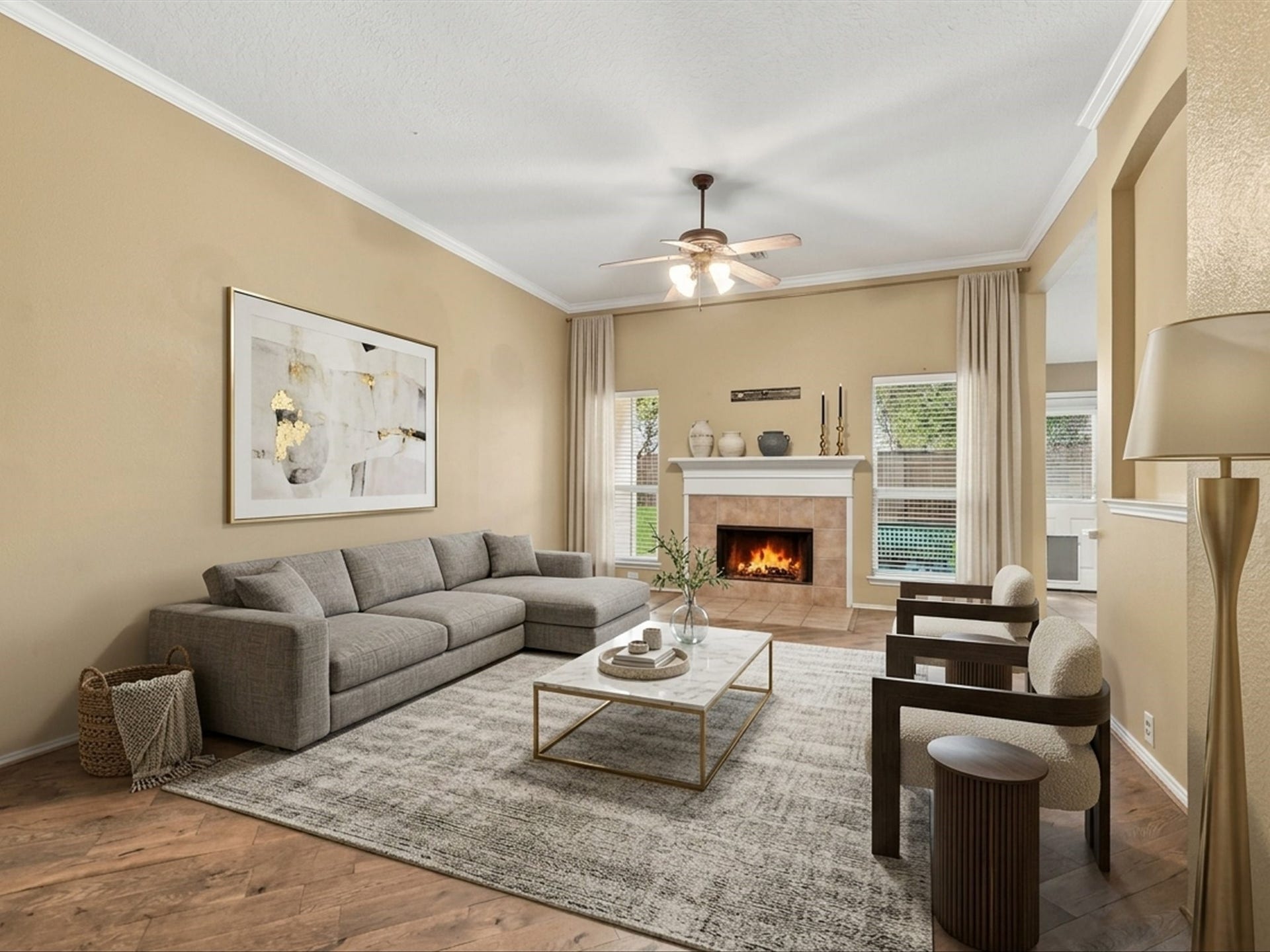 30026 Luna Lakes Drive, Spring, TX 77386 Gather around the beautiful fireplace in a welcoming living room designed for cozy evenings, relaxed weekends, and time spent together. Virtually staged.