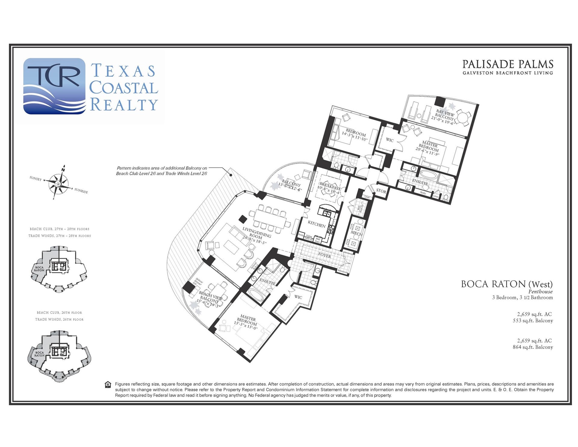 801 E Beach Drive, #BC2808, Galveston, TX 77550 Floor plan of the Boca Raton (West) penthouse residence, showing both primary suites and all three balconies