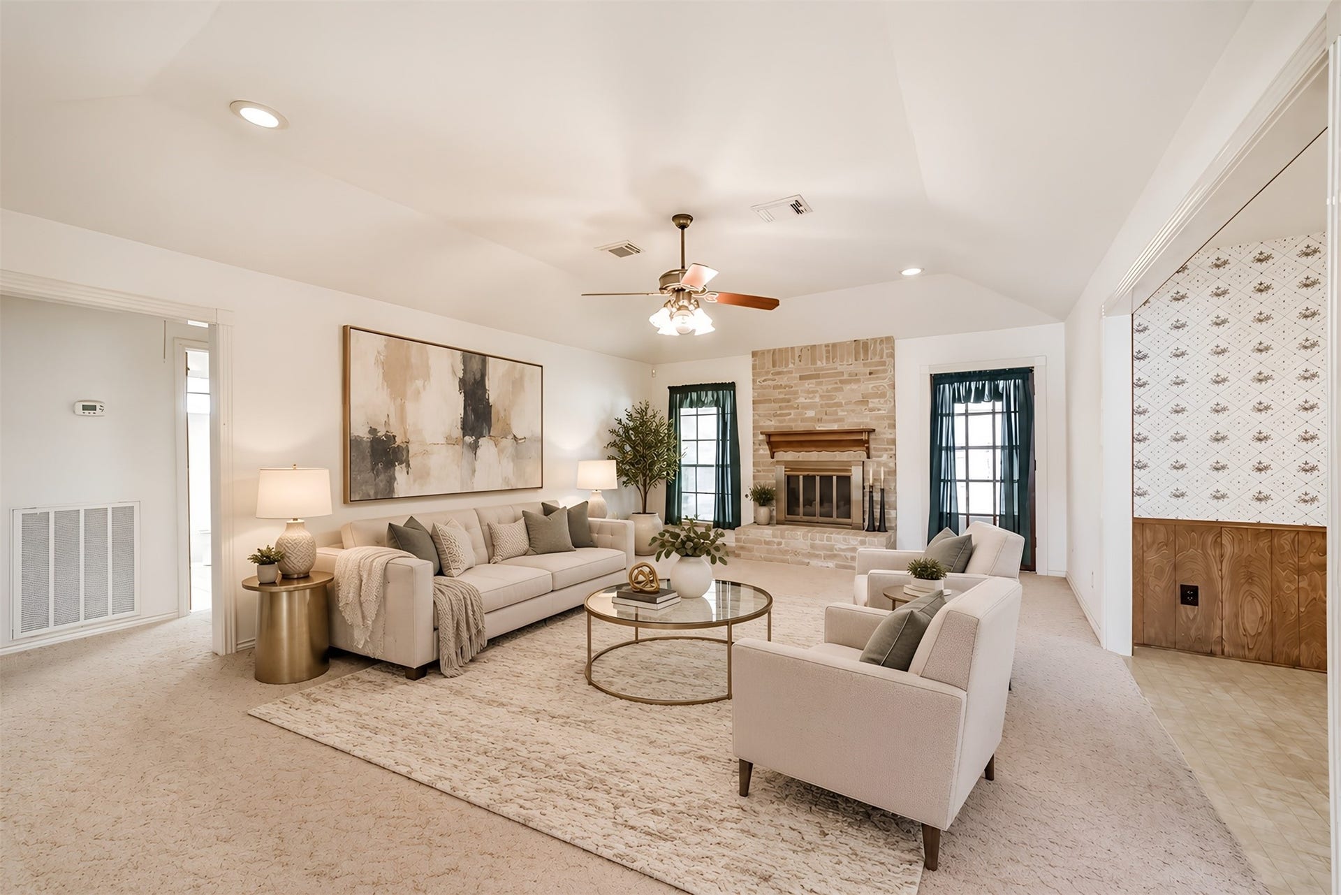 601 Kimswick C Court, Deer Park, TX 77536 Beautifully staged in a transitional style, this spacious family room offers the perfect blend of comfort and elegance. Soaring ceilings, recessed lighting, and large windows overlooking the back patio create a bright, inviting atmosphere. Gather around the lovely fireplace on chilly winter evenings or imagine adding your own personal style to make this space uniquely yours. With plenty of room for family and guests, this is the perfect setting for holiday celebrations and special gatherings.