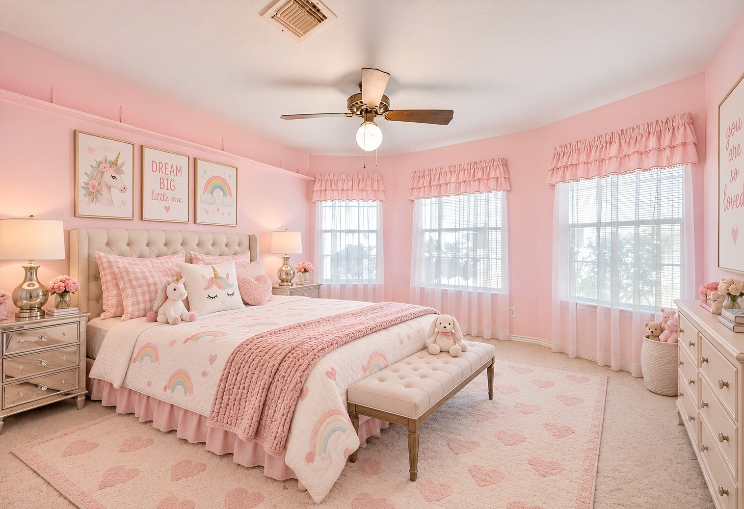 601 Kimswick C Court, Deer Park, TX 77536 Bedroom #2 is full of charm and storybook appeal! Large windows fill the room with natural light, while generous closet space keeps everything organized. A playful touch of pink adds just the right amount of whimsy, creating a delightful retreat for a little girl to dream, play, and grow.