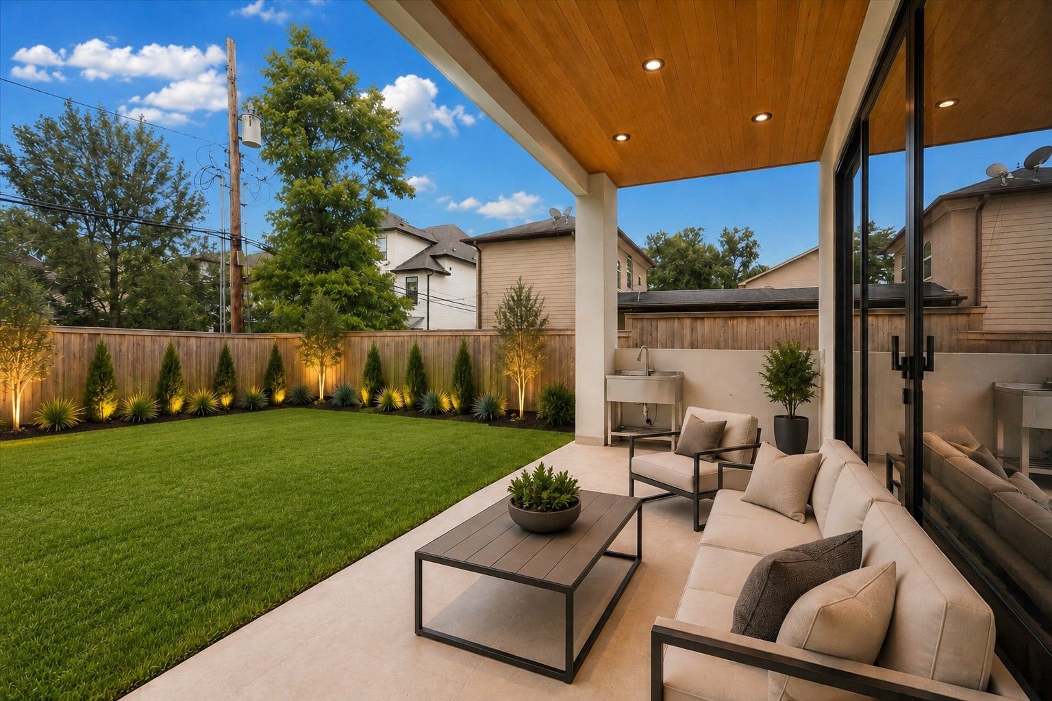 Large sliding glass doors to the covered patio provide easy indoor-outdoor access. The built-in sink area enhances functionality, making it ideal for outdoor entertaining. *Patio furniture and landscaping are virtually rendered