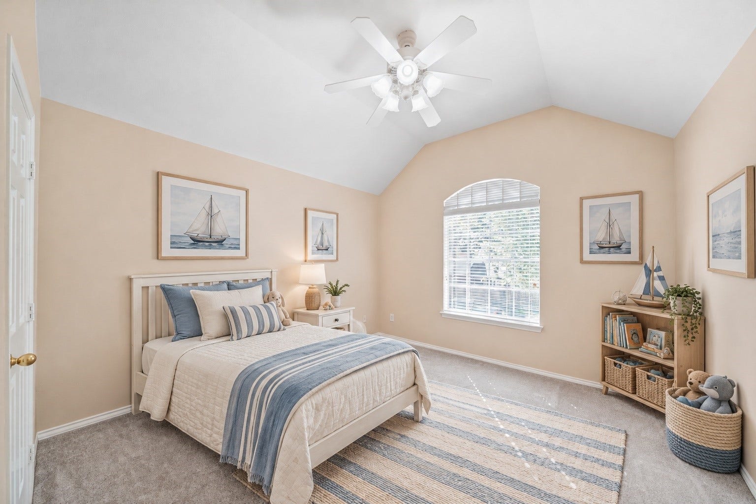 22510 Westenfield Lane, Katy, TX 77450 Virtually Staged: This secondary bedroom is styled with a playful sailing theme, creating a cozy space for rest, play, and imaginative adventures.