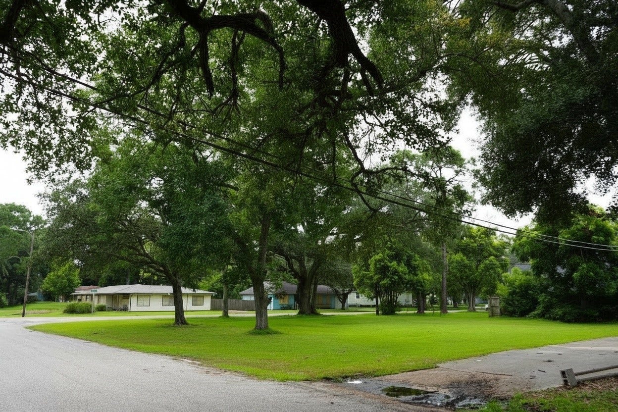 2606 N Houston Drive, La Marque, TX 77568 View of this spacious corner lot from N Houston Dr. Photo has been digitally enhanced.
