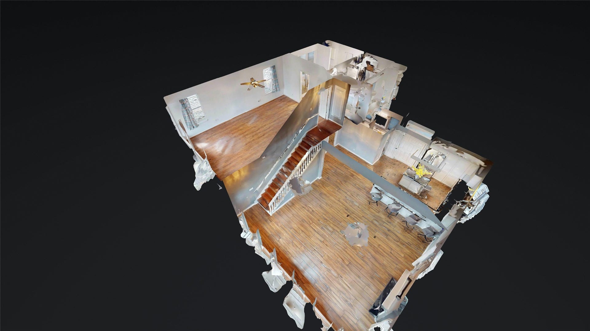 925 Bonita Street, Bayou Vista, TX 77563 3D floor plan, living, kitchen, dining, two bedrooms and one bathroom down below, upstairs is primary with ensuite bathroom and walk in closet