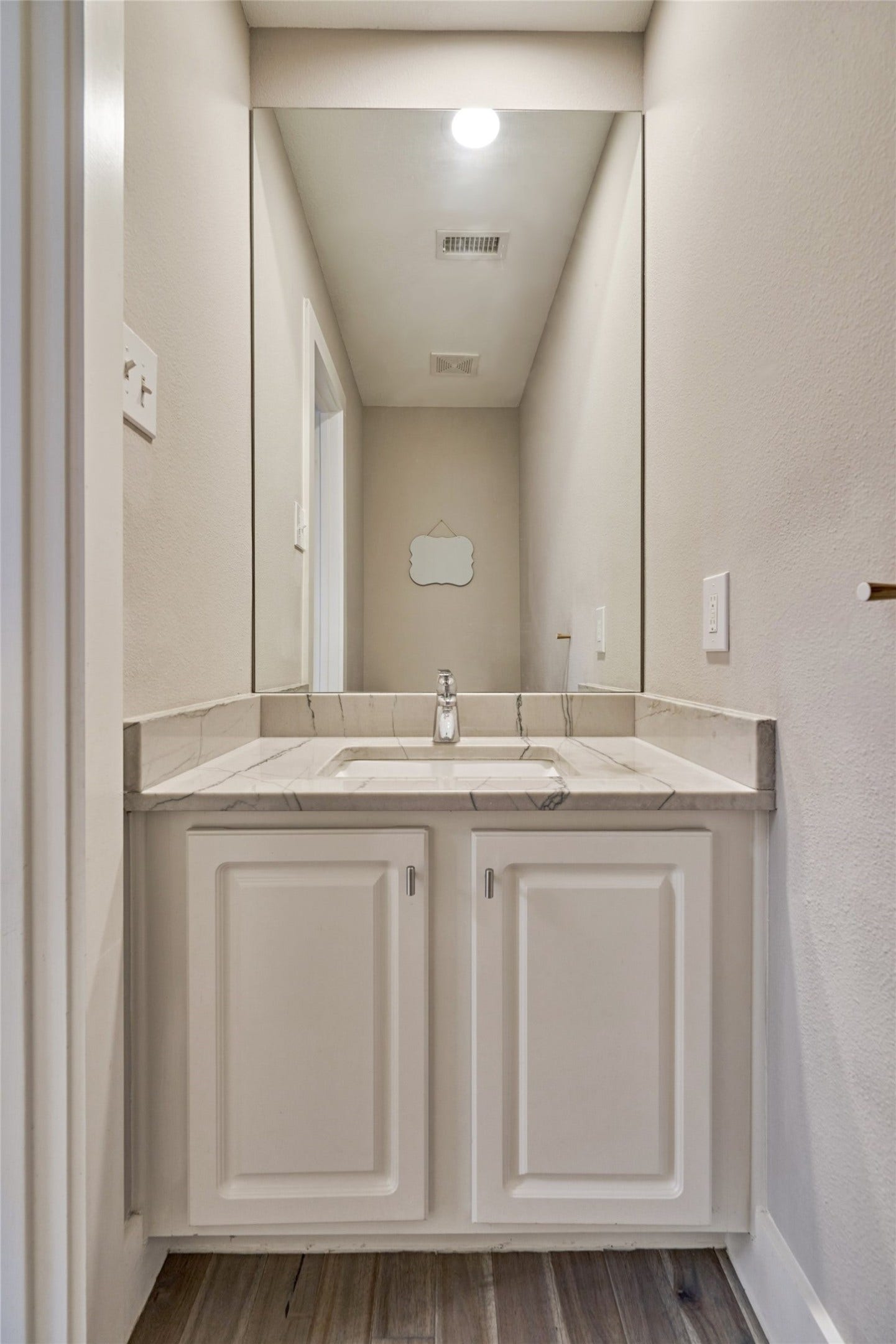 38 E Gaslight Place, The Woodlands, TX 77382 The half bathroom on the 1st floor with Quartz counters and some additional storage space.