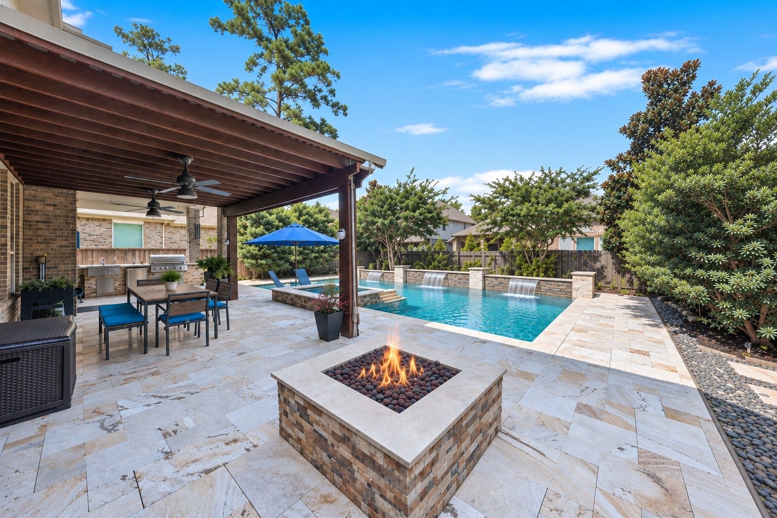 10 Camplight Court, Spring, TX 77389 Firepit and a firewall feature at the back center of the pool.