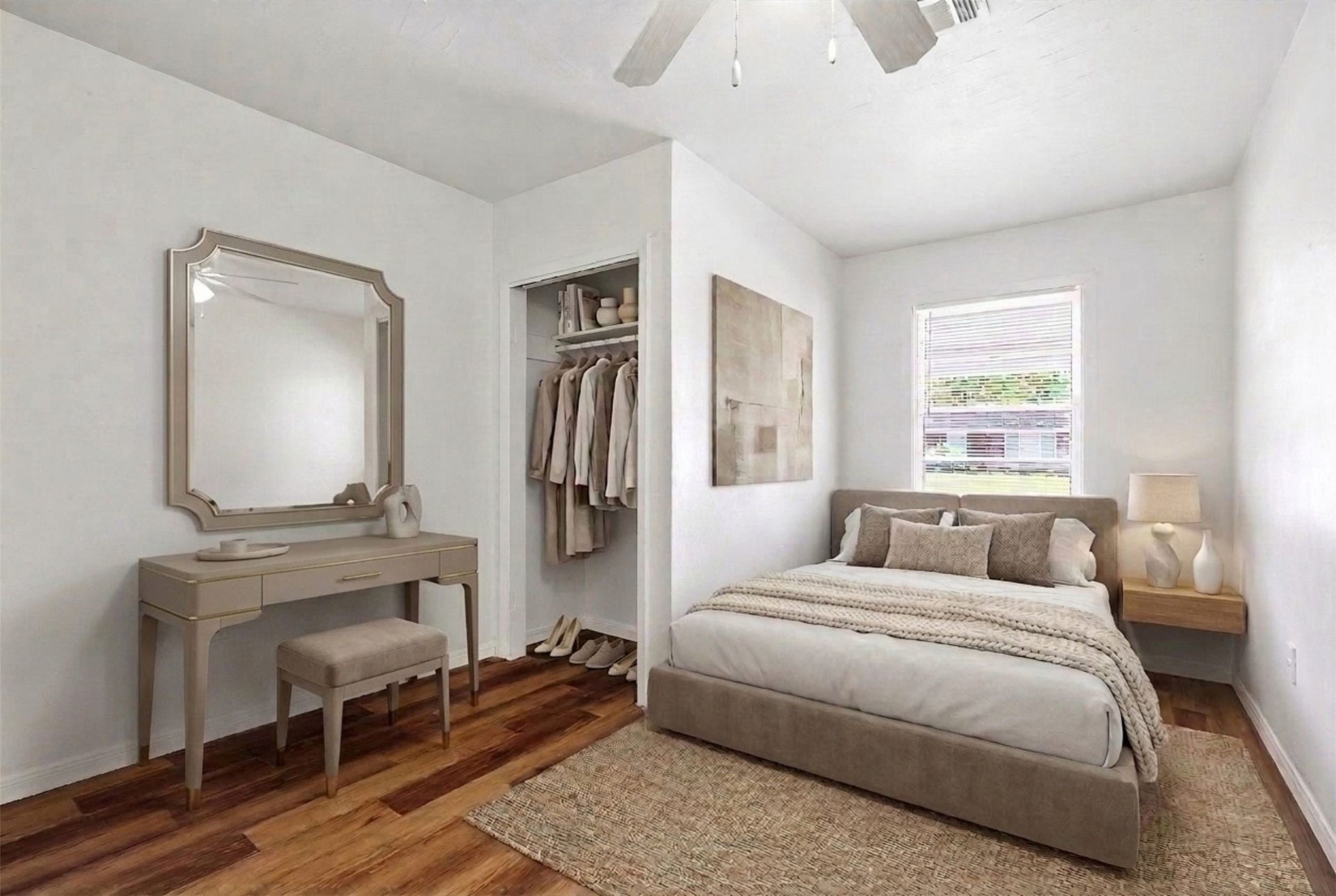 6630 Maybank Drive, Houston, TX 77055 Experience serene comfort in this light-filled bedroom featuring elegant decor, offering a perfect retreat. (Virtual Staging)