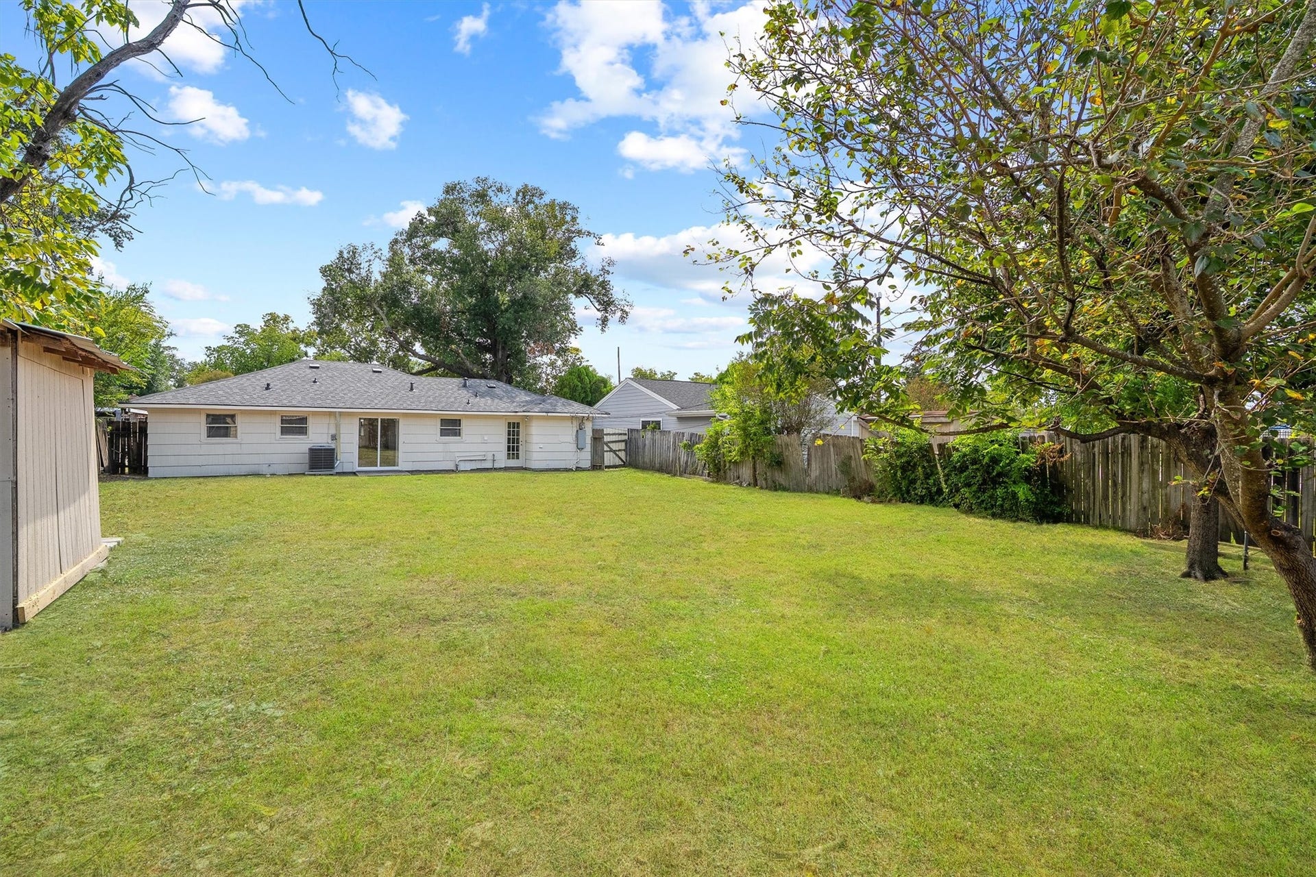 6630 Maybank Drive, Houston, TX 77055 Expansive backyard with lush greenery, perfect for outdoor activities and entertainment, featuring a charming single-story home and mature trees offering ample shade.