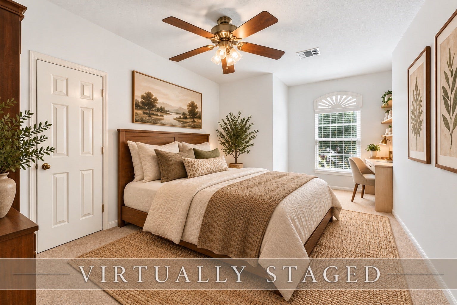 3607 Parkshire Drive, Pearland, TX 77584 Virtually staged guest bedroom 3 with custom window shutters, walk-in closet, plenty of space for large furnishings, desk and room arrangement variations.
