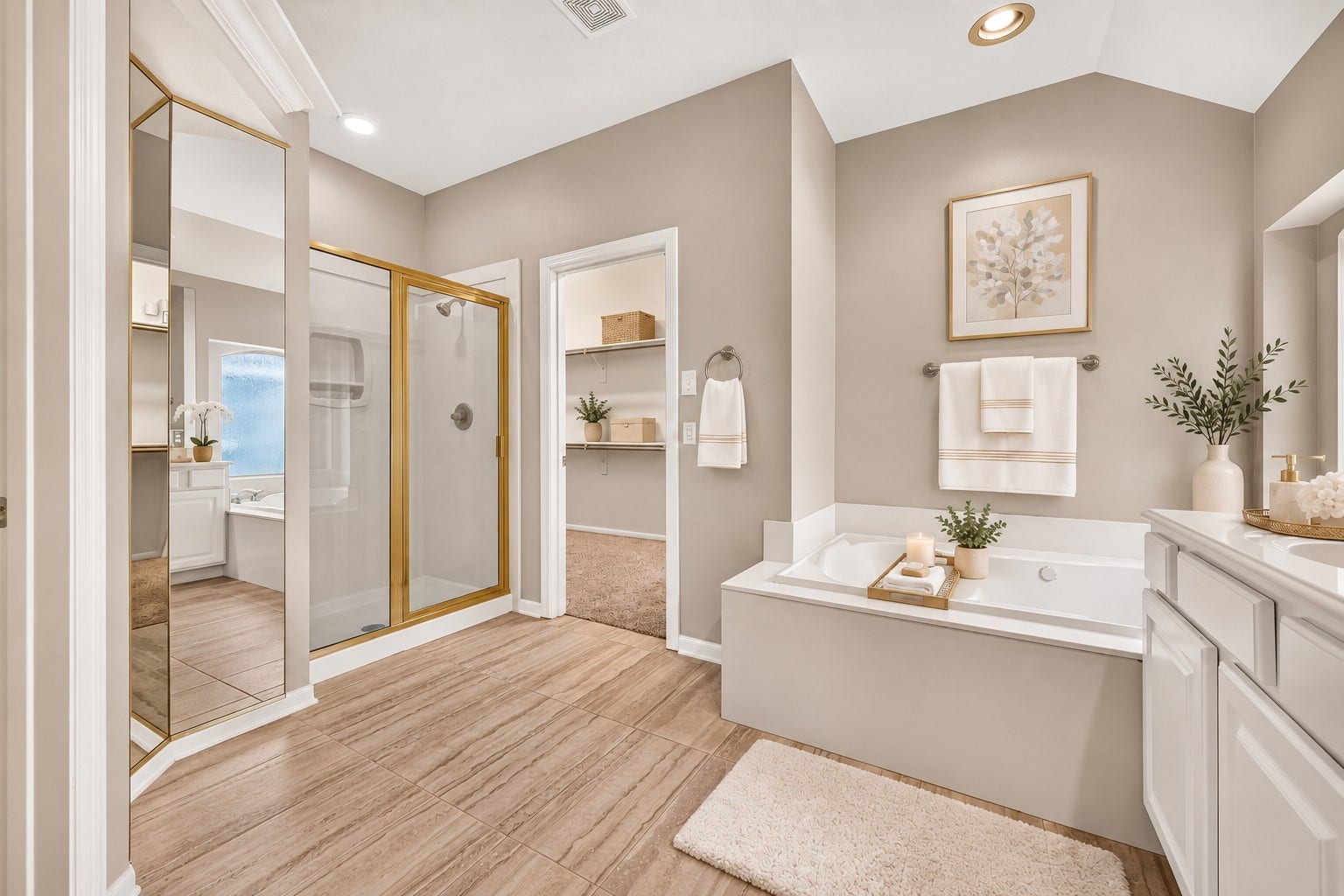 This spacious primary bathroom features a relaxing jetted tub and separate walk-in shower for added comfort and convenience. The adjoining walk-in closet provides easy access and a functional flow to the primary suite. **Virtually Staged**