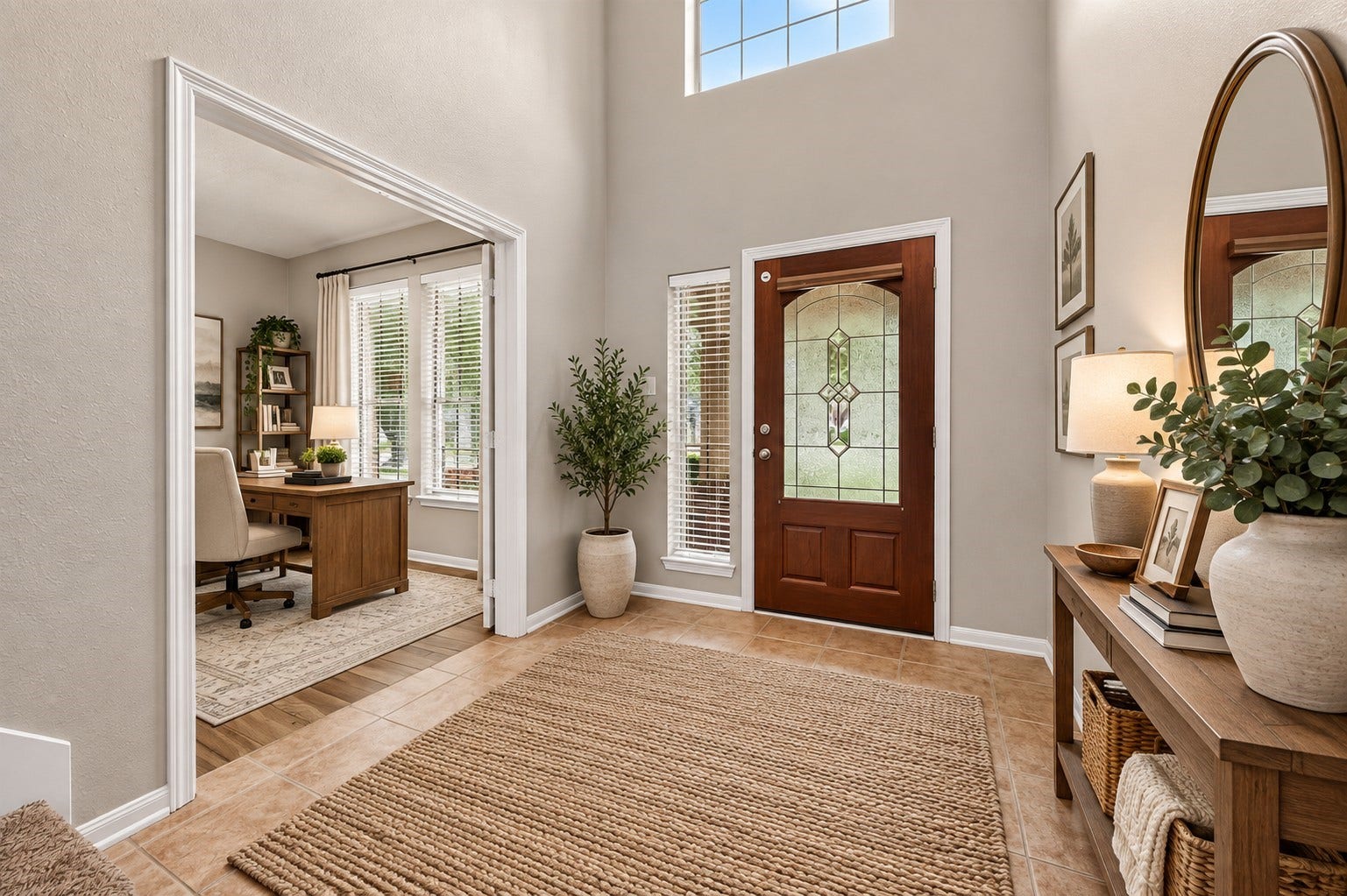 A welcoming entry features a soaring ceiling and durable tile flooring, creating a bright, open first impression. The beautiful front door with decorative glass is complemented by a nearby window with blinds for added natural light and privacy. **Virtually Staged**