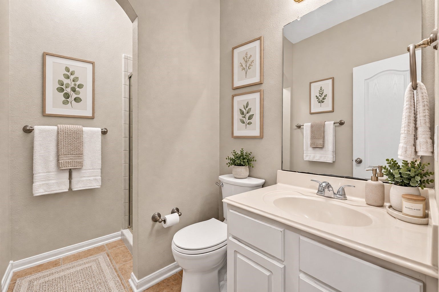 This full downstairs bathroom offers a spacious vanity with plenty of cabinet storage and a large mirror. A separate shower completes the space, making it convenient for guests and the nearby first-floor bedroom. **Virtually Staged**