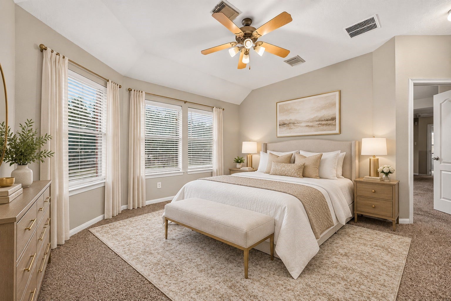 Large windows with blinds fills the room with natural light. Plush carpet adds warmth and comfort, creating a relaxing retreat. **Virtually Staged**