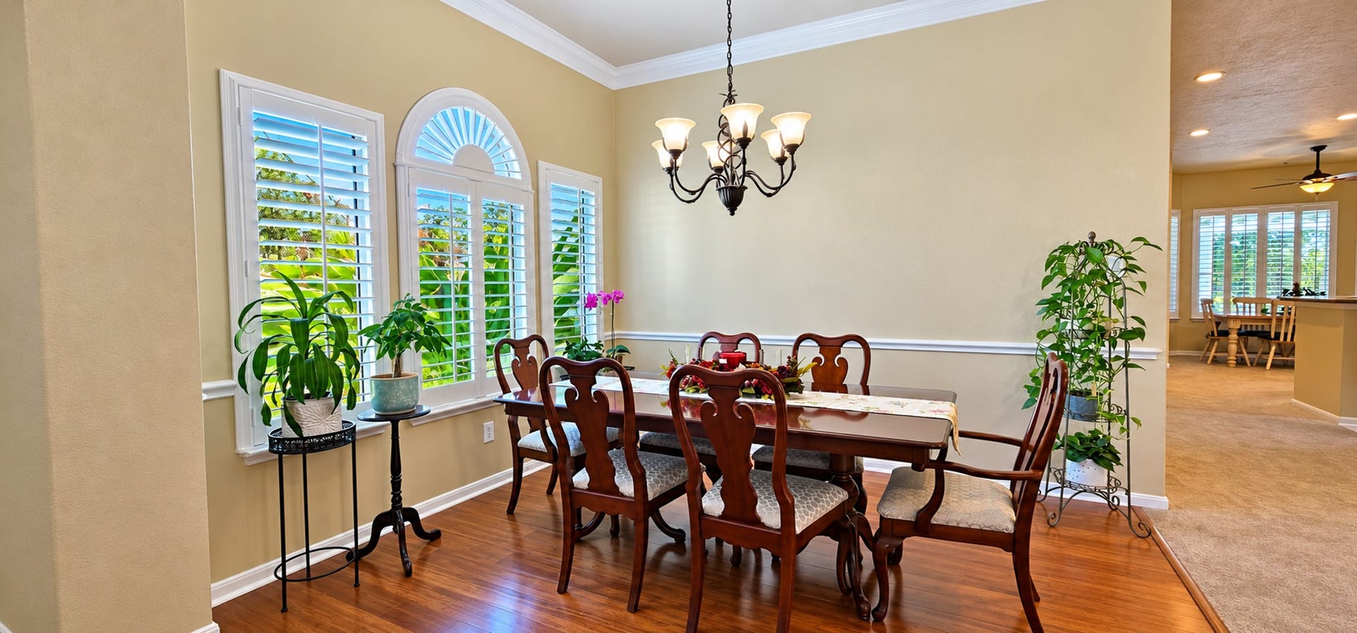 3511 Harbor Pass Lane, Friendswood, TX 77546 Elegant dining room bathed in natural light, featuring rich Bamboo flooring, classic wainscoting, and a charming chandelier that creates a perfect setting for memorable gatherings.