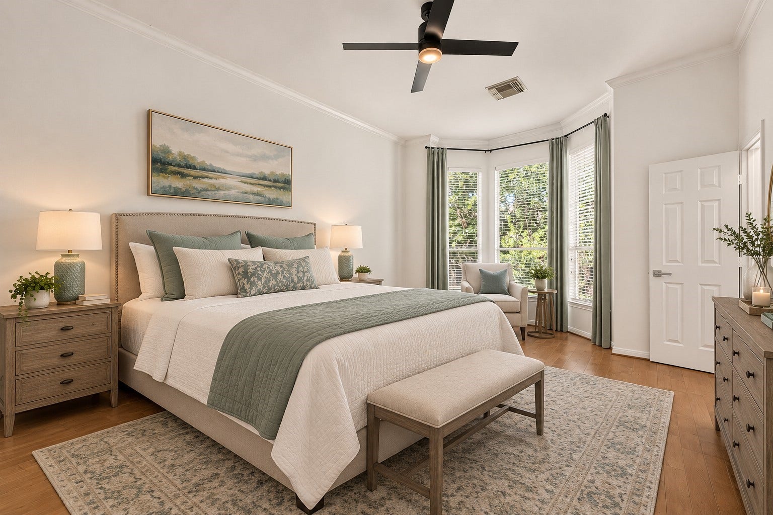 2903 Austin Street, Houston, TX 77004 The large primary bedroom features beautiful bay windows that fill the room with natural light, complemented by warm wood flooring for a bright, comfortable retreat.