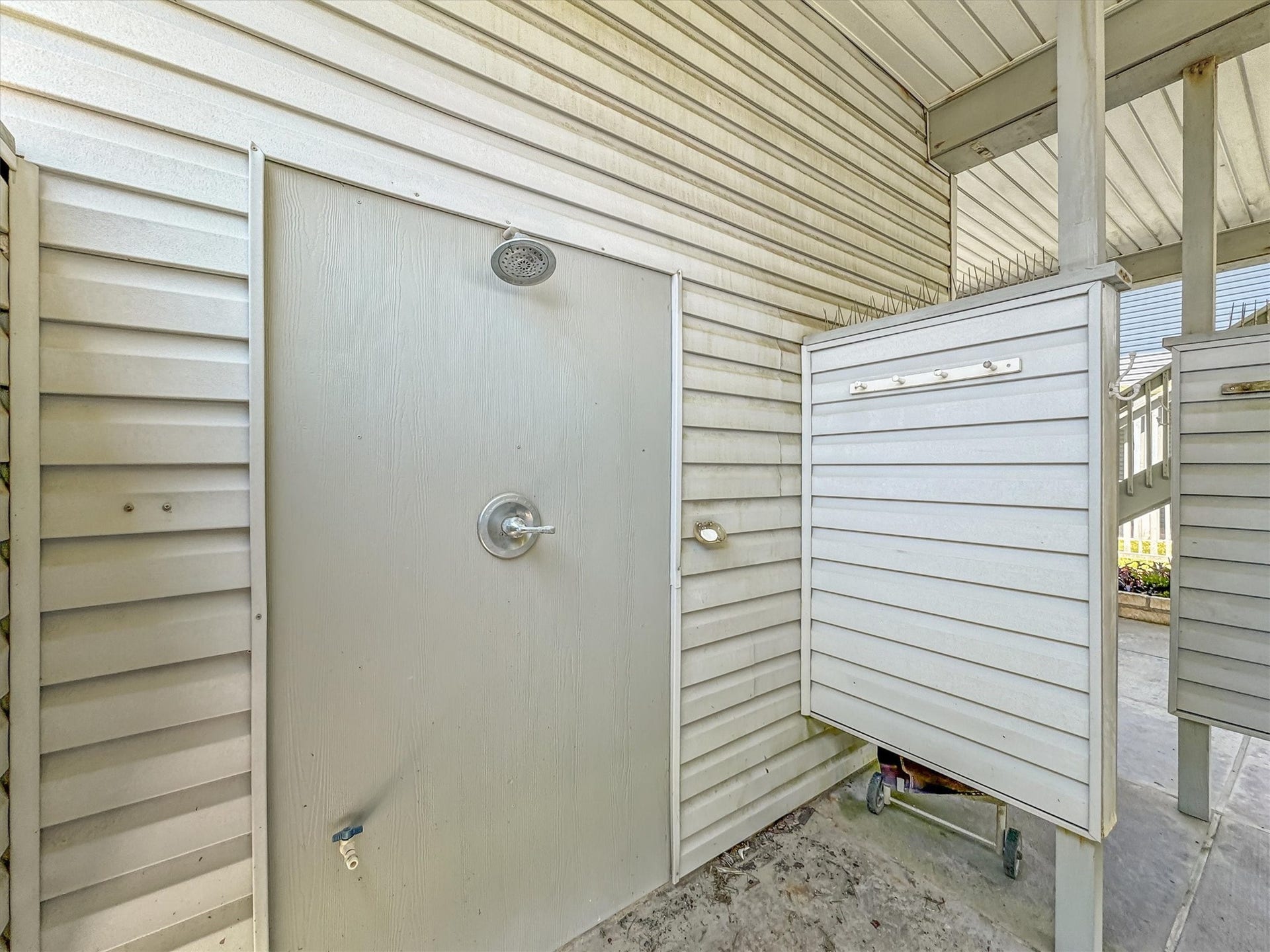 21519 San Luis Pass Road, Galveston, TX 77554 This elevated coastal retreat offers an outdoor shower that is designed to be very private and convenient after a day enjoying the beach. The shower has hot water as well as cold.