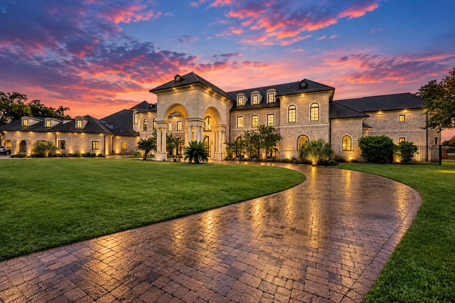 23 Beacon Hill Hill, Sugar Land, TX 77479 A breathtaking twilight introduction to 23 Beacon Hill, showcasing the estate's stately architecture, sweeping circular drive, beautifully manicured grounds, and impressive presence within gated Sweetwater Estates in Sugar Land, Texas.
