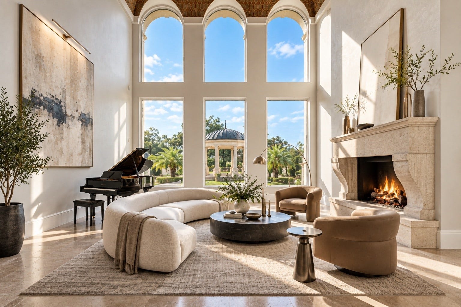 23 Beacon Hill Hill, Sugar Land, TX 77479 Soaring windows, graceful architectural arches, a statement fireplace, and sophisticated furnishings define this impressive formal living space, offering dramatic proportions and beautiful views of the surrounding landscape.