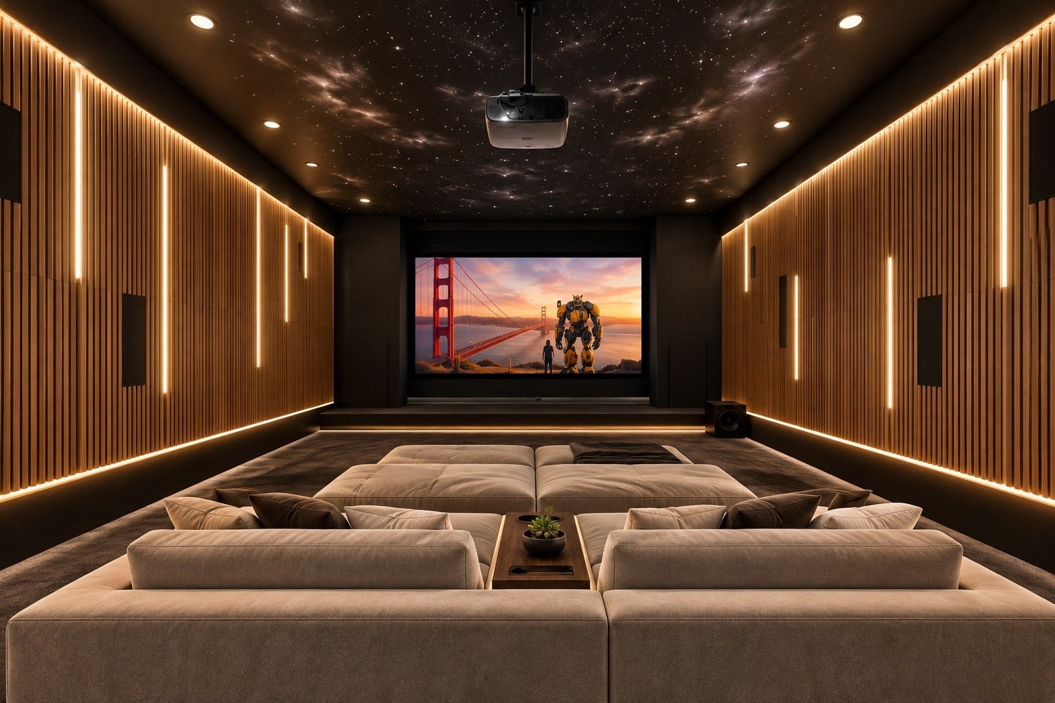 23 Beacon Hill Hill, Sugar Land, TX 77479 An impressive dedicated home theater features tiered lounge seating, dramatic lighting, and a large projection screen, delivering an immersive cinematic experience in the privacy of home.