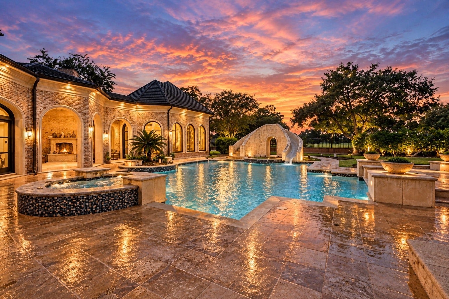 23 Beacon Hill Hill, Sugar Land, TX 77479 A spectacular twilight view showcases the estate's resort-inspired swimming pool, spa, architectural water features, and beautifully illuminated stone terraces, creating an extraordinary setting for outdoor relaxation and entertaining.