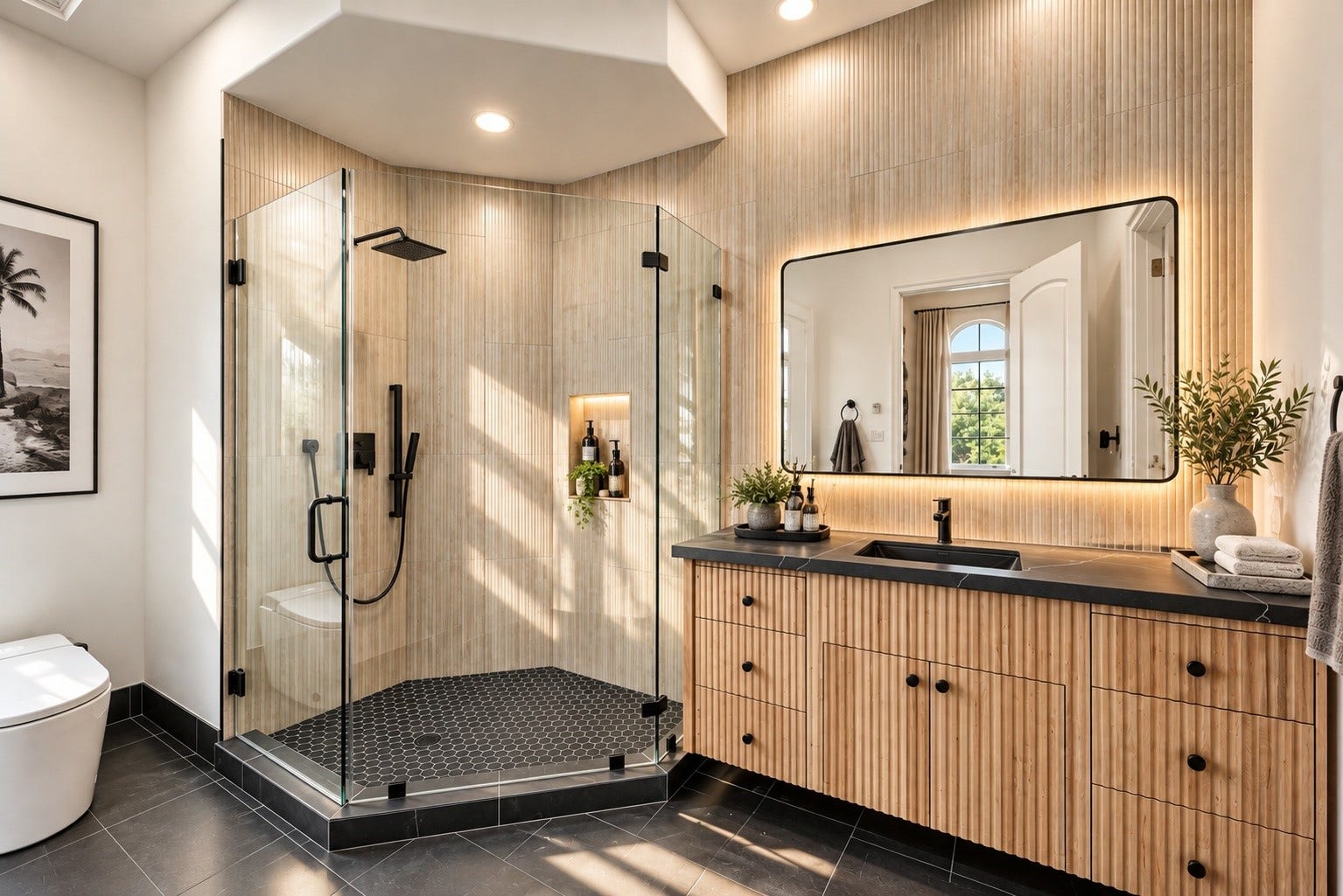 23 Beacon Hill Hill, Sugar Land, TX 77479 An elegant bathroom offers a spacious glass-enclosed shower, custom-style vanity, and refined neutral finishes, balancing modern function with timeless design.