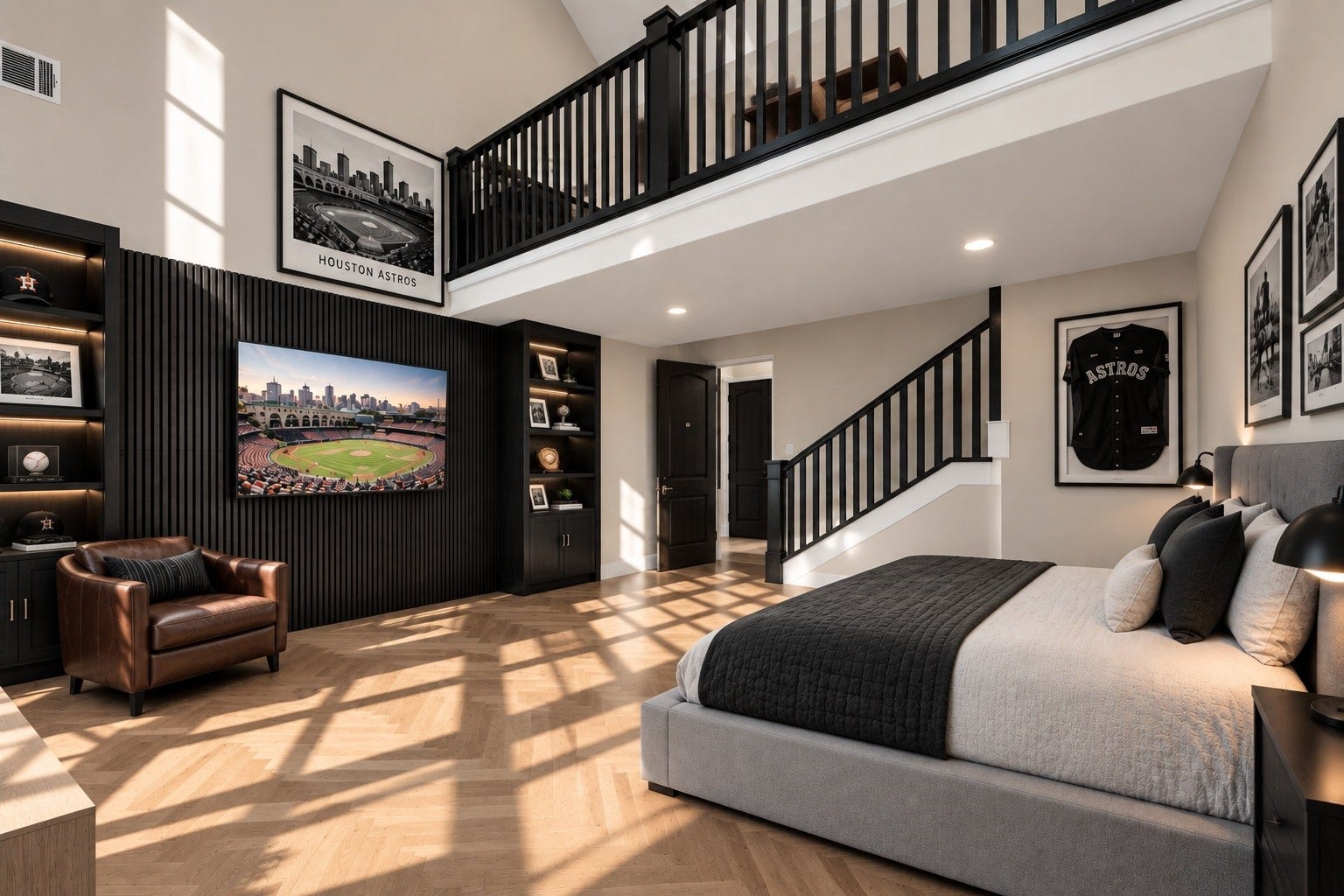 23 Beacon Hill Hill, Sugar Land, TX 77479 A distinctive multilevel bedroom combines dramatic ceiling heights, modern architectural detailing, and a private loft-style upper level, offering flexible space for relaxation and personal interests.