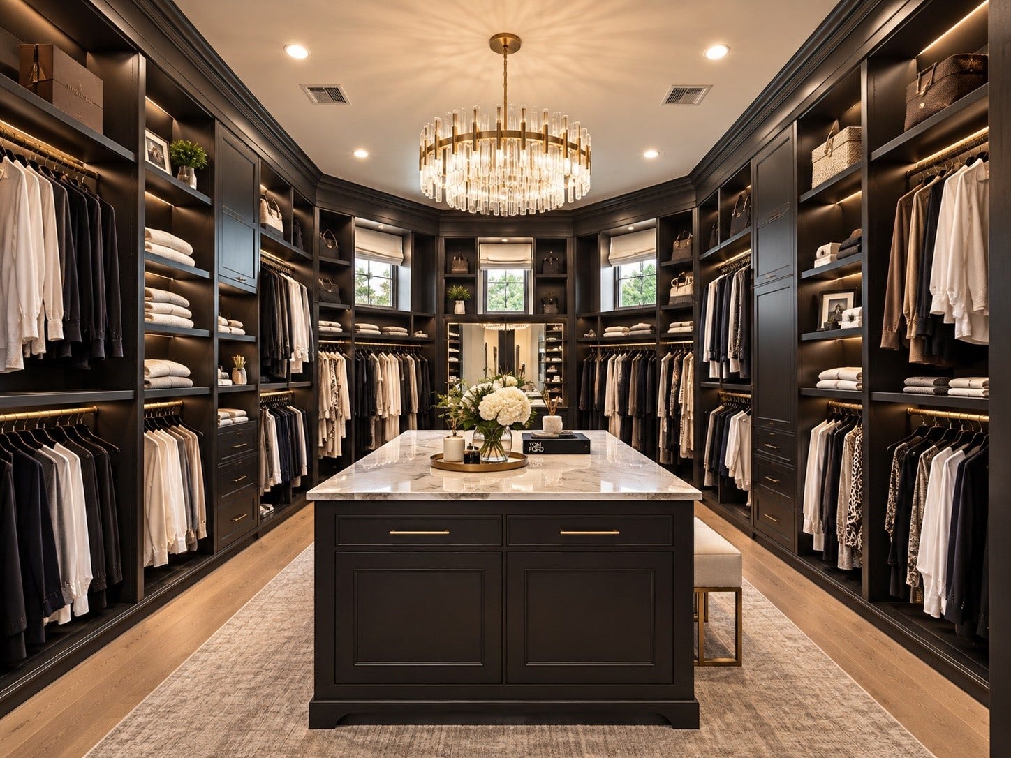 23 Beacon Hill Hill, Sugar Land, TX 77479 An exceptional custom dressing room offers extensive built-in cabinetry, illuminated display shelving, a central island, and beautifully organized storage designed to accommodate an extensive wardrobe.