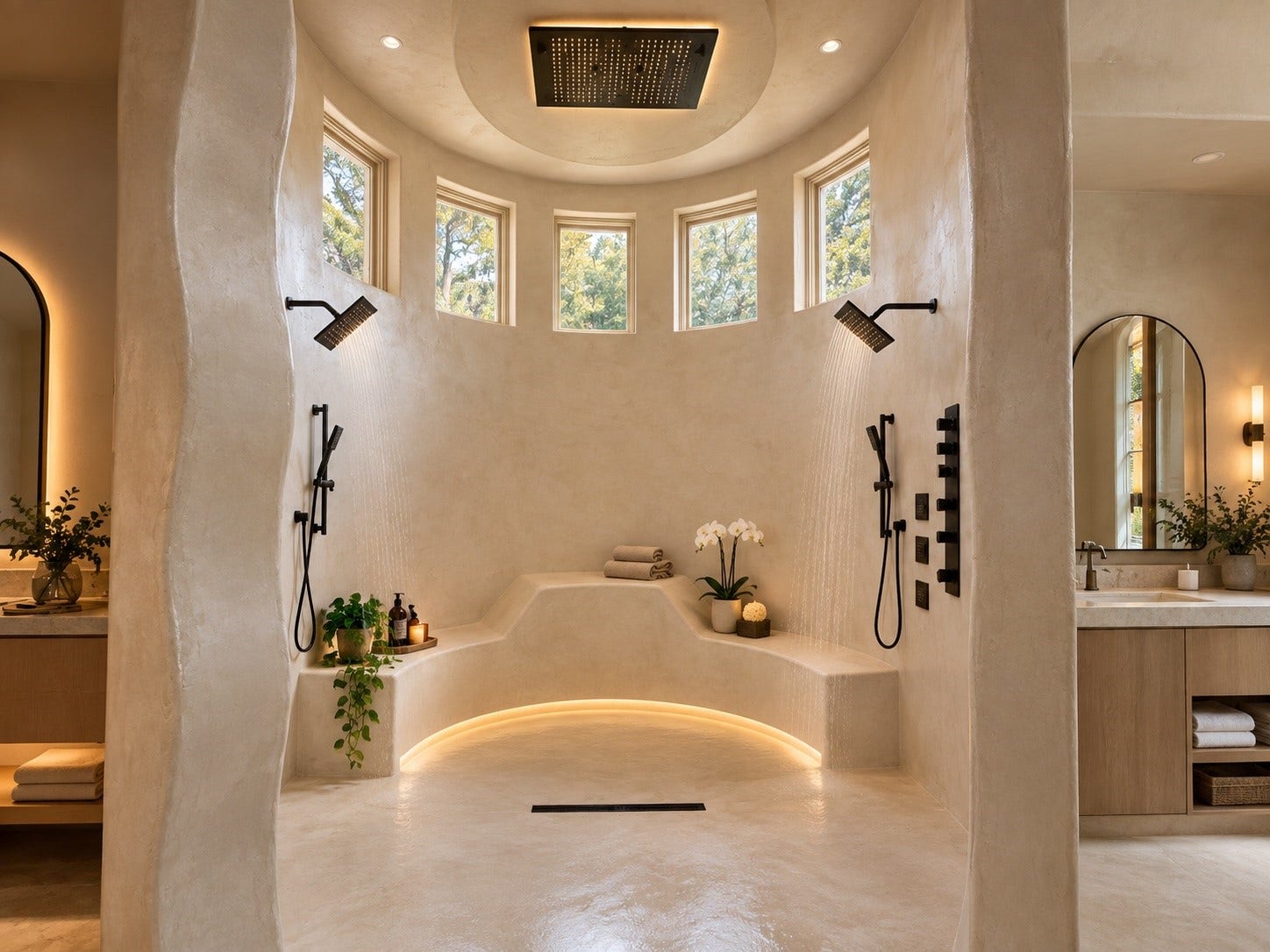 23 Beacon Hill Hill, Sugar Land, TX 77479 A distinctive curved bathing alcove with softly illuminated architectural detailing adds a unique spa-inspired element to the primary suite's exceptional collection of amenities.