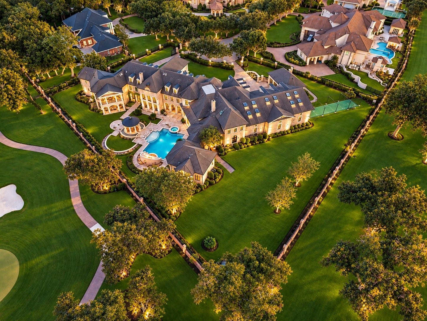 23 Beacon Hill Hill, Sugar Land, TX 77479 An extraordinary aerial perspective reveals the scale of this approximately 2.04-acre luxury estate, featuring expansive grounds, resort-inspired outdoor living, a magnificent pool, and an exceptional golf course setting.