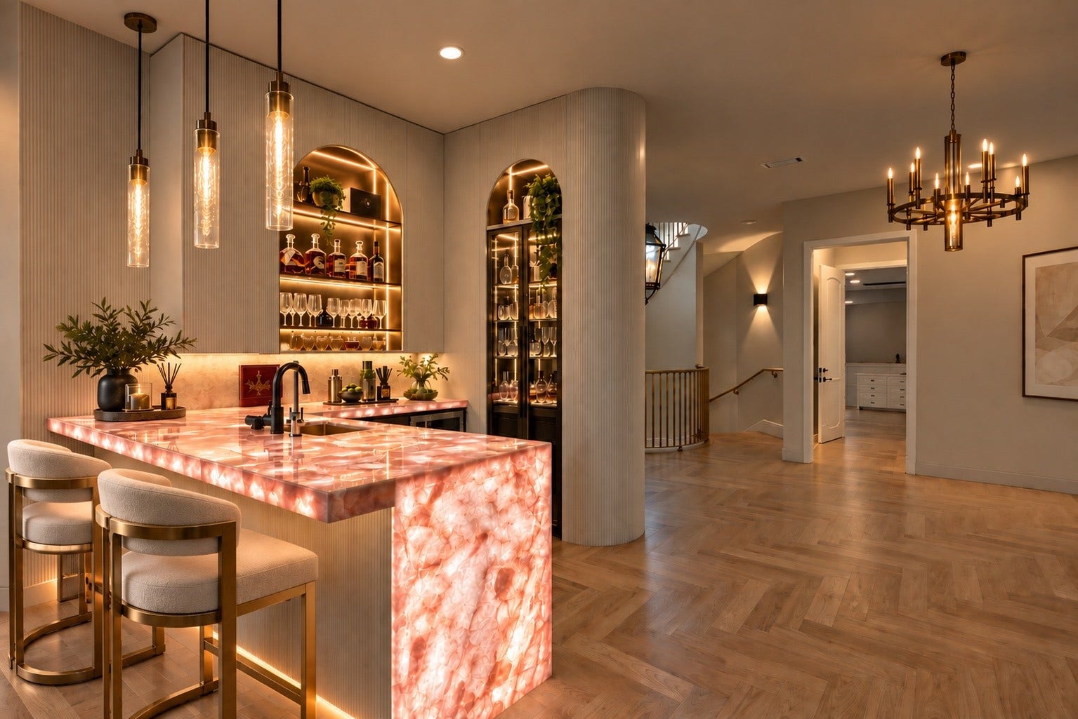 23 Beacon Hill Hill, Sugar Land, TX 77479 An elegant entertaining bar features illuminated display shelving, warm architectural finishes, and generous counter seating, providing a sophisticated destination for hosting and gathering.
