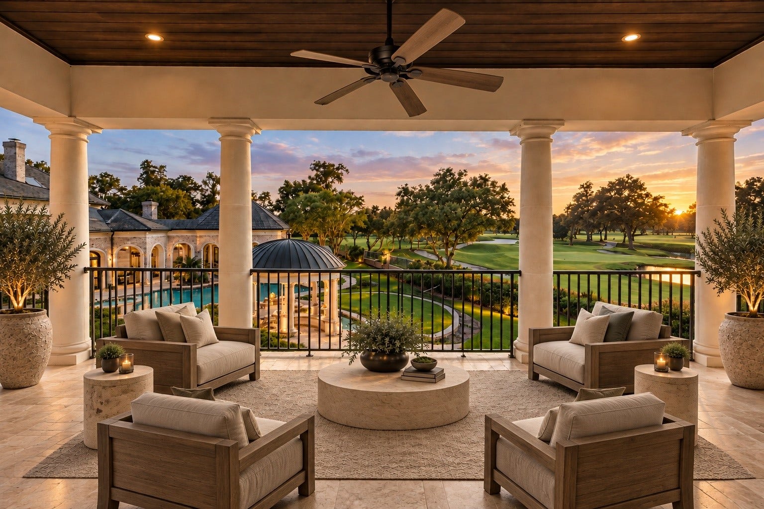 23 Beacon Hill Hill, Sugar Land, TX 77479 An exceptional covered outdoor terrace offers comfortable seating, architectural ceiling details, and tranquil views of the landscaped grounds, creating a seamless connection between indoor and outdoor living.