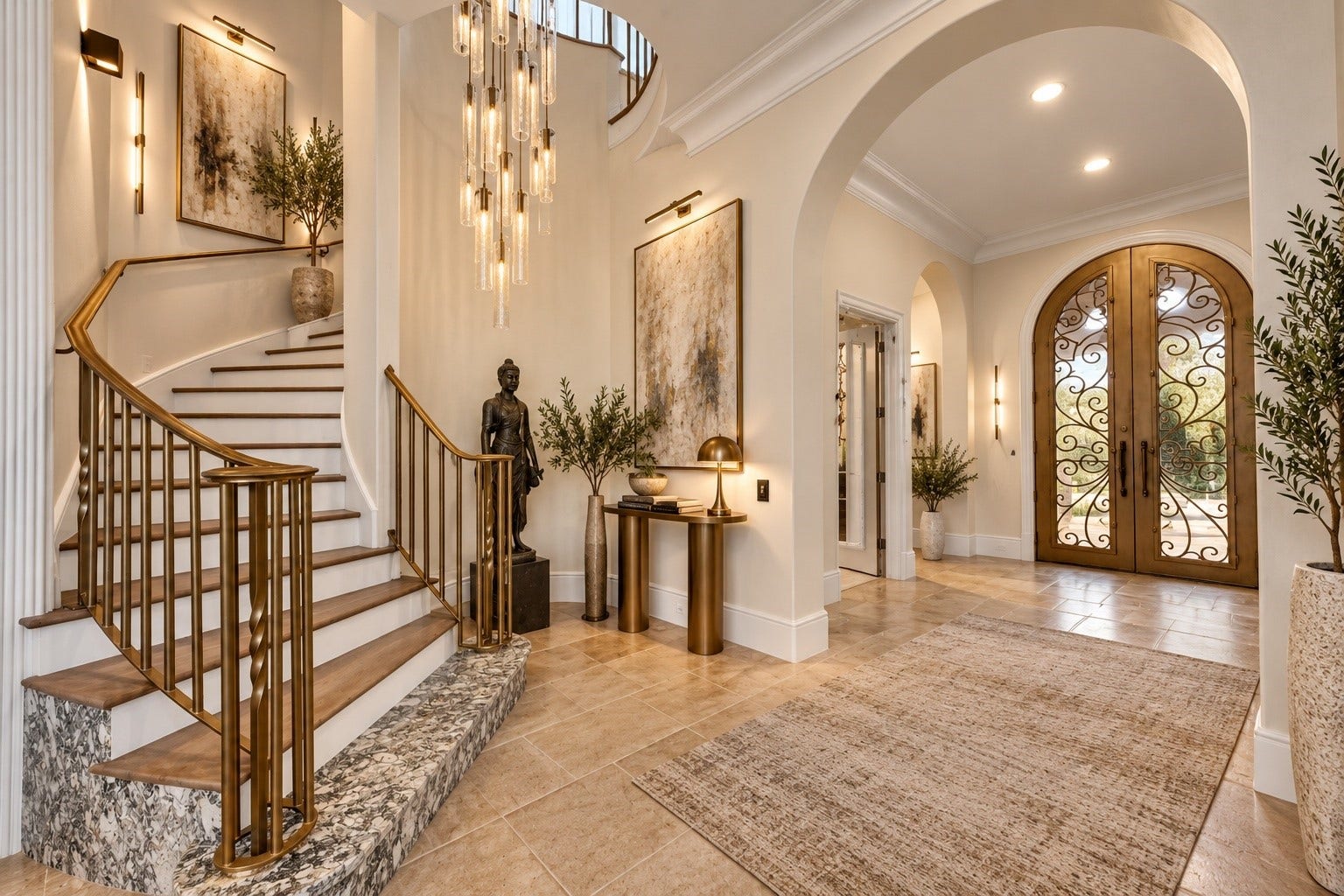 23 Beacon Hill Hill, Sugar Land, TX 77479 An elegant staircase framed by decorative ironwork, stone flooring, arched openings, and natural light showcases the impressive craftsmanship and architectural continuity throughout the estate.