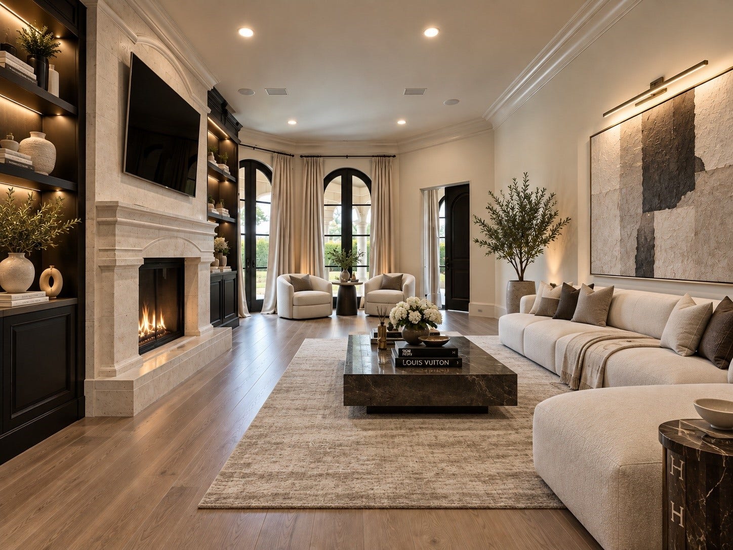23 Beacon Hill Hill, Sugar Land, TX 77479 A sophisticated primary retreat living room brings together a substantial fireplace, soft neutral interiors, architectural columns, and generously proportioned seating areas, creating an inviting environment for relaxation and conversation.