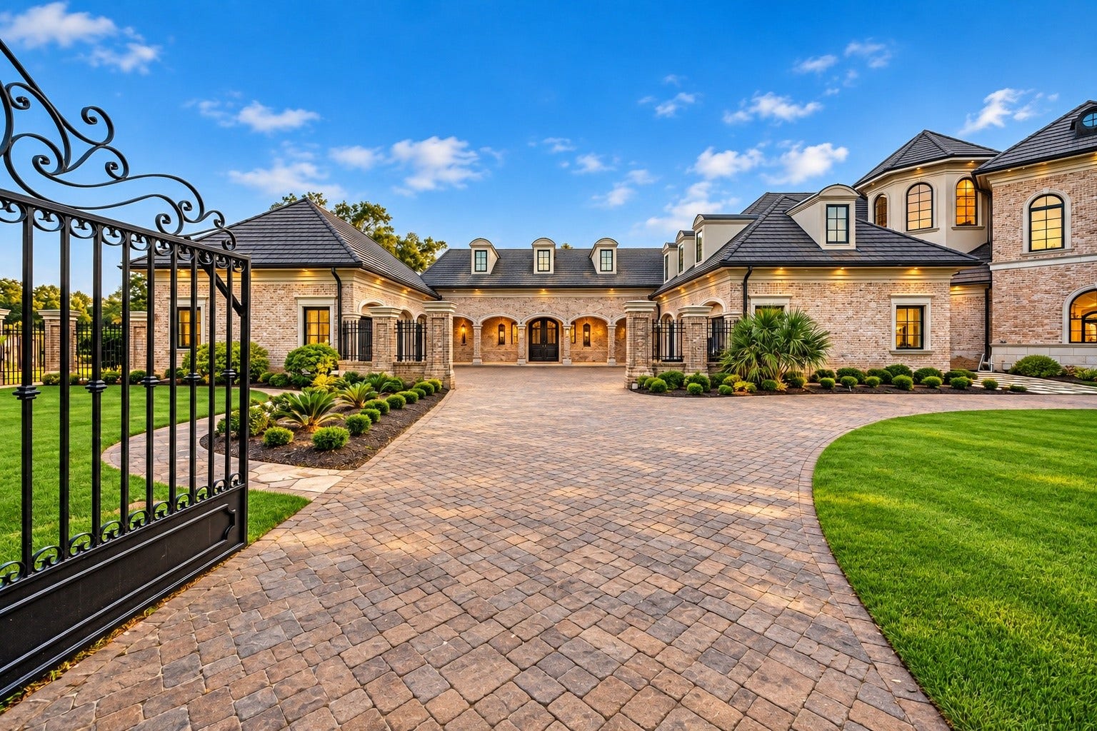 23 Beacon Hill Hill, Sugar Land, TX 77479 A sweeping gated approach leads into the expansive motor court, surrounded by beautifully coordinated architecture and meticulously maintained grounds, creating an arrival experience worthy of this exceptional private estate.