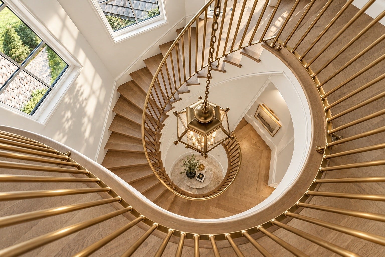 23 Beacon Hill Hill, Sugar Land, TX 77479 A captivating overhead perspective highlights the dramatic curvature, intricate iron railing, and sculptural beauty of the residence's grand staircase.
