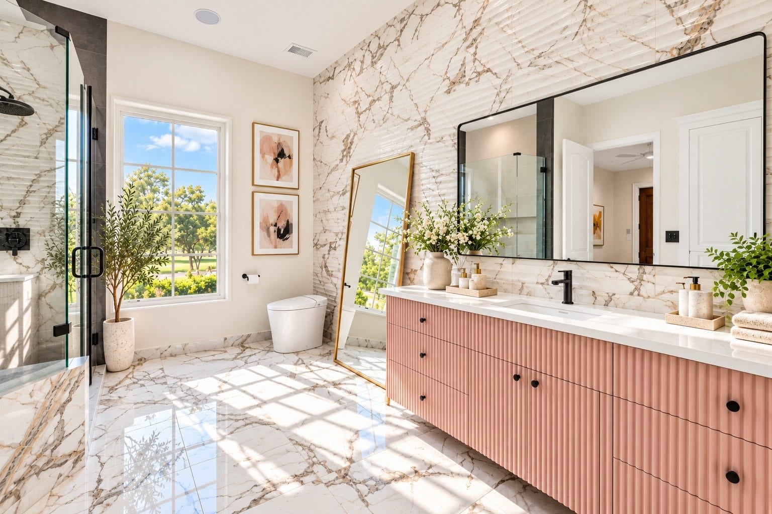 23 Beacon Hill Hill, Sugar Land, TX 77479 Distinctive natural stone-inspired surfaces, polished fixtures, a generous vanity, and a soft blush-toned cabinetry finish create a beautifully individualized secondary bathroom.